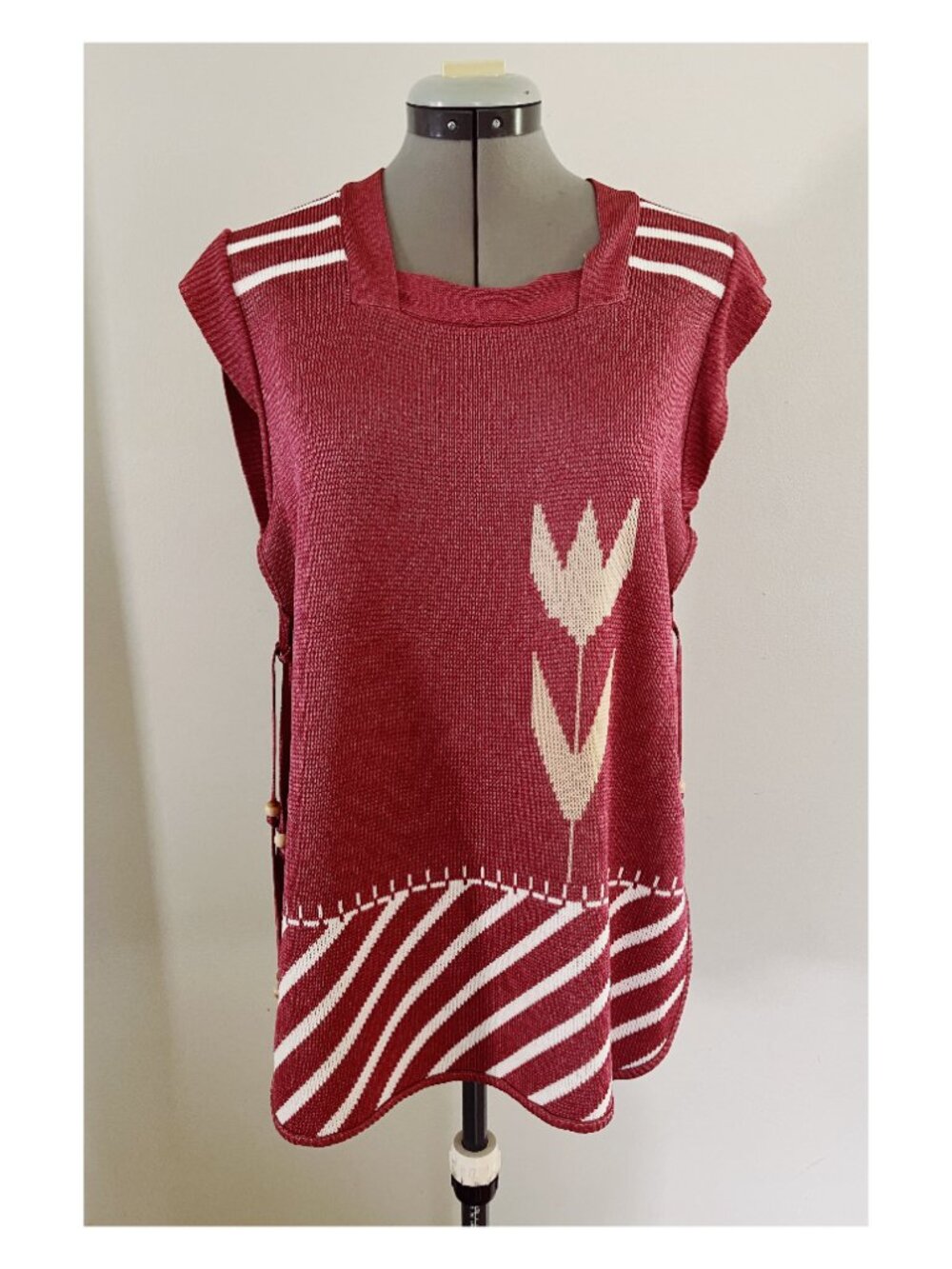 VTG 70s Sz L Floral Stripe Knit Beaded Side Tie Smock